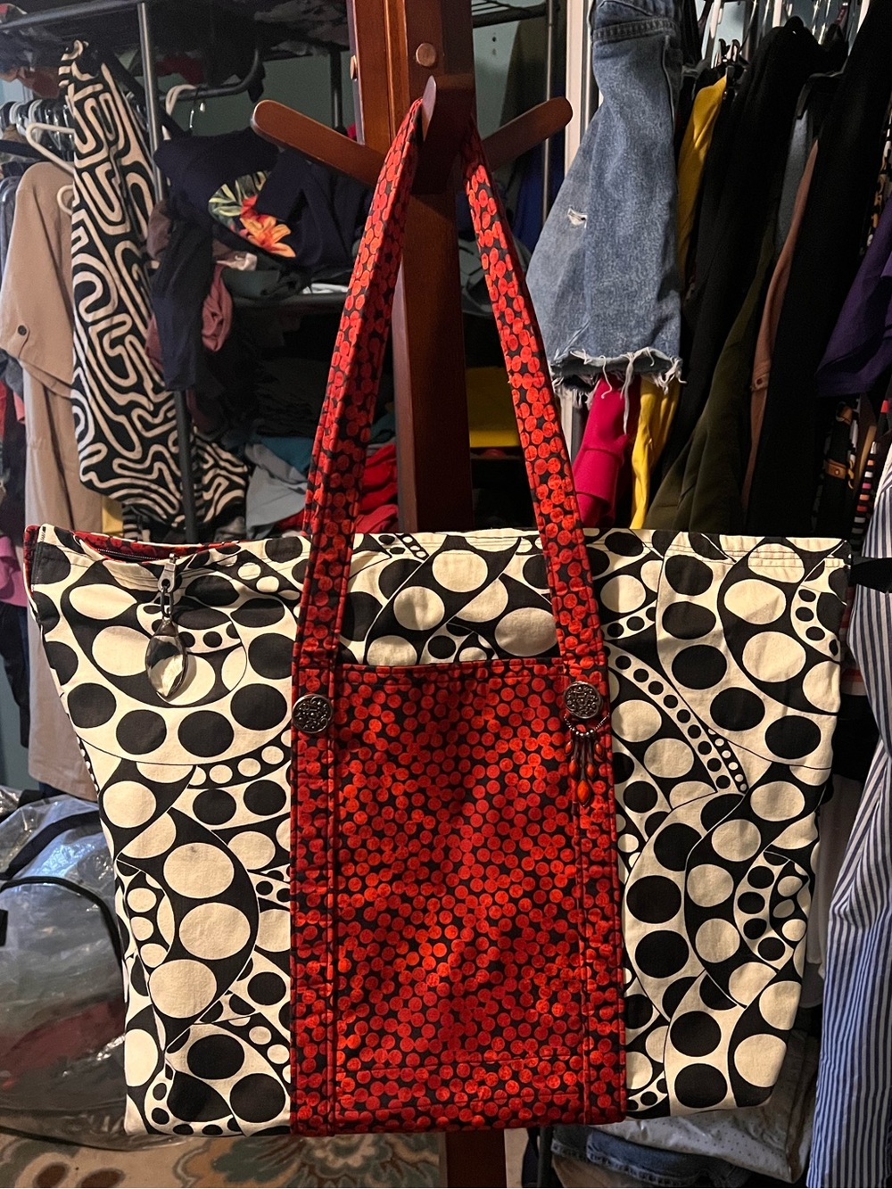 Handcrafted Black & Red Patterned Tote Bag